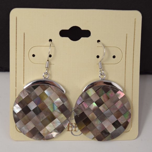 RS Covenant Mother of Pearl Earrings Black MOP Round Mosaic Dangle Drop New - Picture 1 of 8